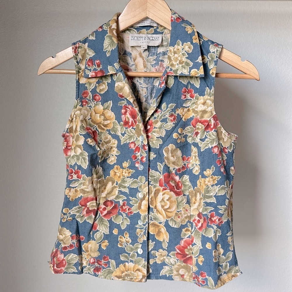Vintage Bickett & Ingrish Linen Cotton Floral Sleeveless Collared Top 6